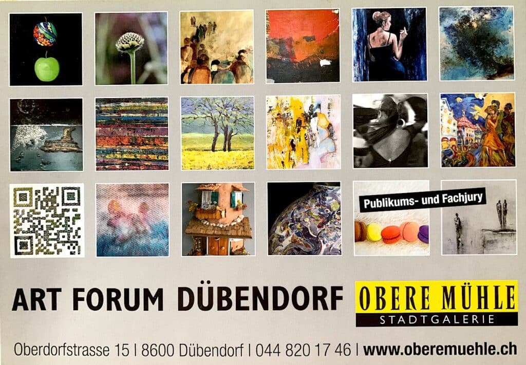 Postkarte für Ausstellung im Art Forum Dübendorf vom 09.12.16 - 15.01.17 von Olivia Viteka. Abgebildet sind 17 kleine Vorschaubilder und ein QR-Code