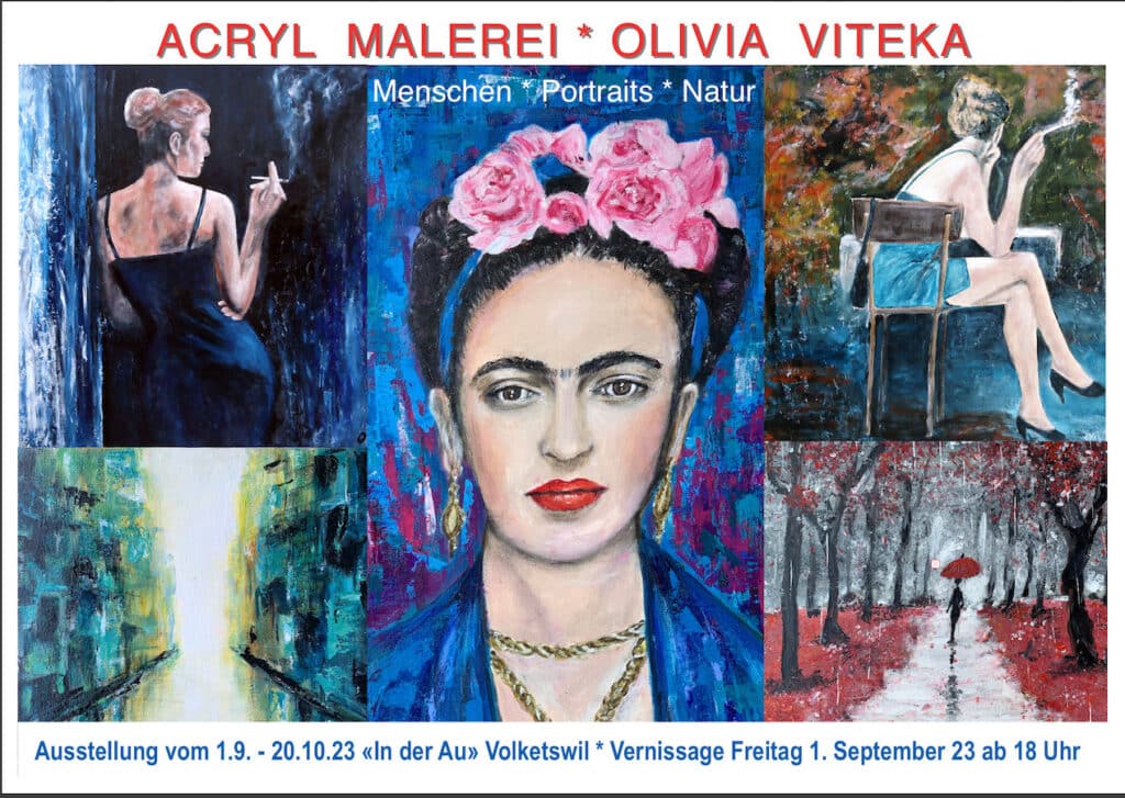 Flyer für die Ausstellung "In der Au" mit dem Zeitraum der Ausstellung 1.9.-20.10.23, dem Hinweis auf die Vernisage am 1.9.23 und 5 Bildern von Olivia Viteka